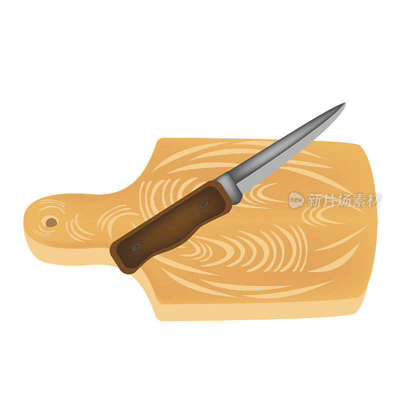 A wooden cutting plank. Beautiful, original cutting plank and a kitchen knife for cutting vegetables and meat. Vector illustration.